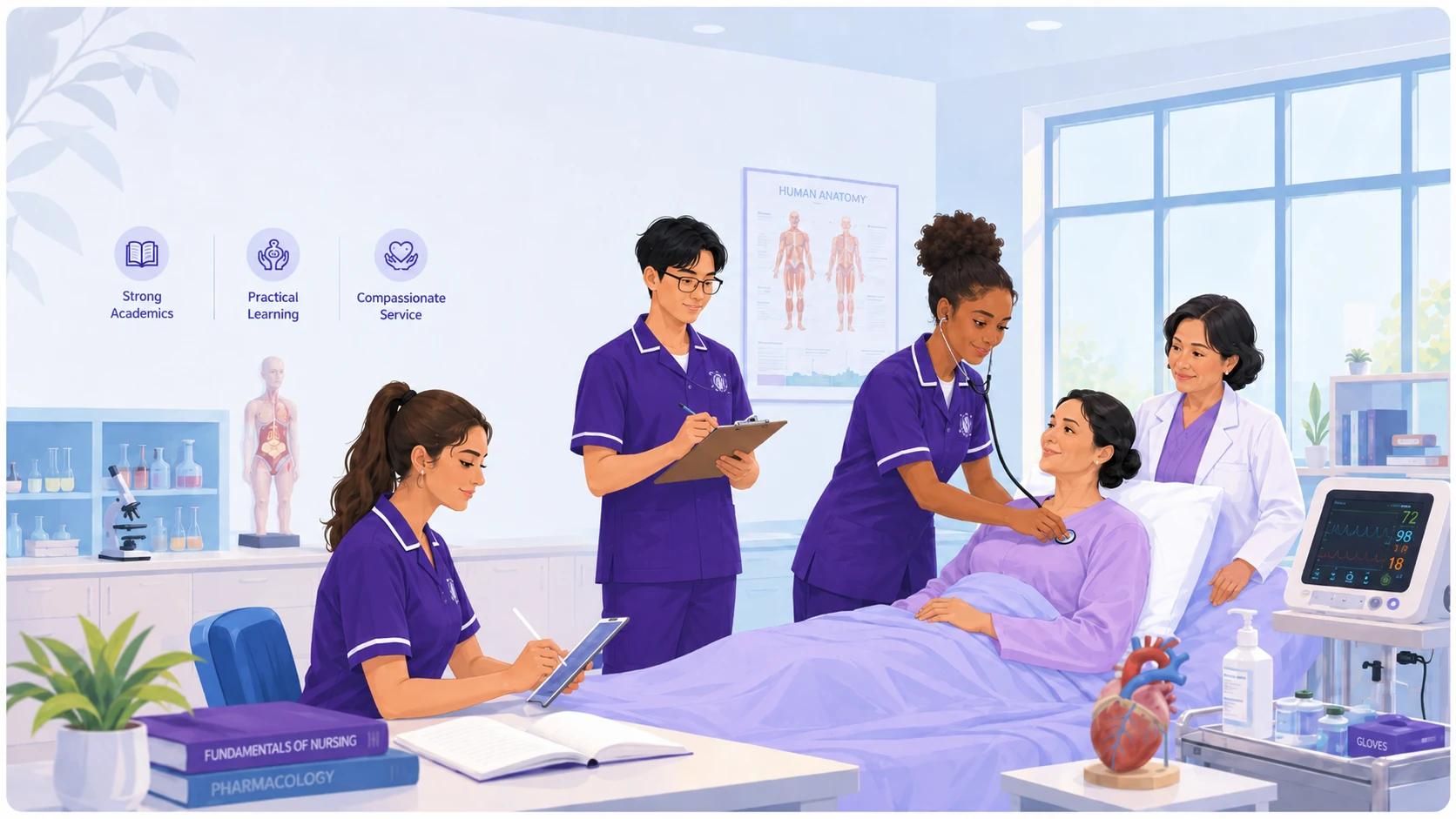 Students learning in a practical nursing training environment at Sunita Nursing School